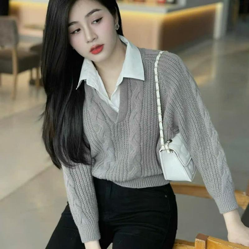 Hàng Loại 1 Áo len nữ dài tay cổ V vặn thừng phối sơ mi Cao Cấp hàng QC dễ phối đồ phong cách HQ B1V3 Top Women Bigsize