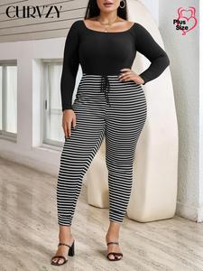 CURVZY Plus Size Patchwork Striped Print Scoop Neck Skinny Jumpsuit, Casual Long Sleeve Jumpsuit for Fall, Women's Clothes for Daily Wear