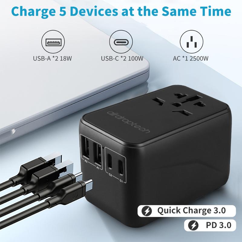 AIRDROPTECH GaN III PD 100W Universal Travel Adapter Wall Charger USB-A Type-C PD Fast Charging 7