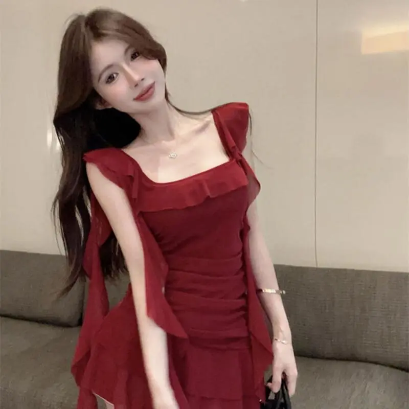 Váy Màu Đỏ Gợi Cảm Và Thanh Lịch, Phong Cách Pháp, Dành Cho Nữ, Phong Cách Mới Mùa Hè, Viền Xếp Nhún Bó Sát, Váy Ngắn Chữ A, Hợp Xu hướng