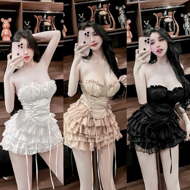 Set váy nữ voan tơ áo cúp ngực có dây rút eo[có mút ngưc] kem chân váy tầng dáng xòe sang chảnh dành cho các nàng diện đi  chơi,đi tiêc.  Women