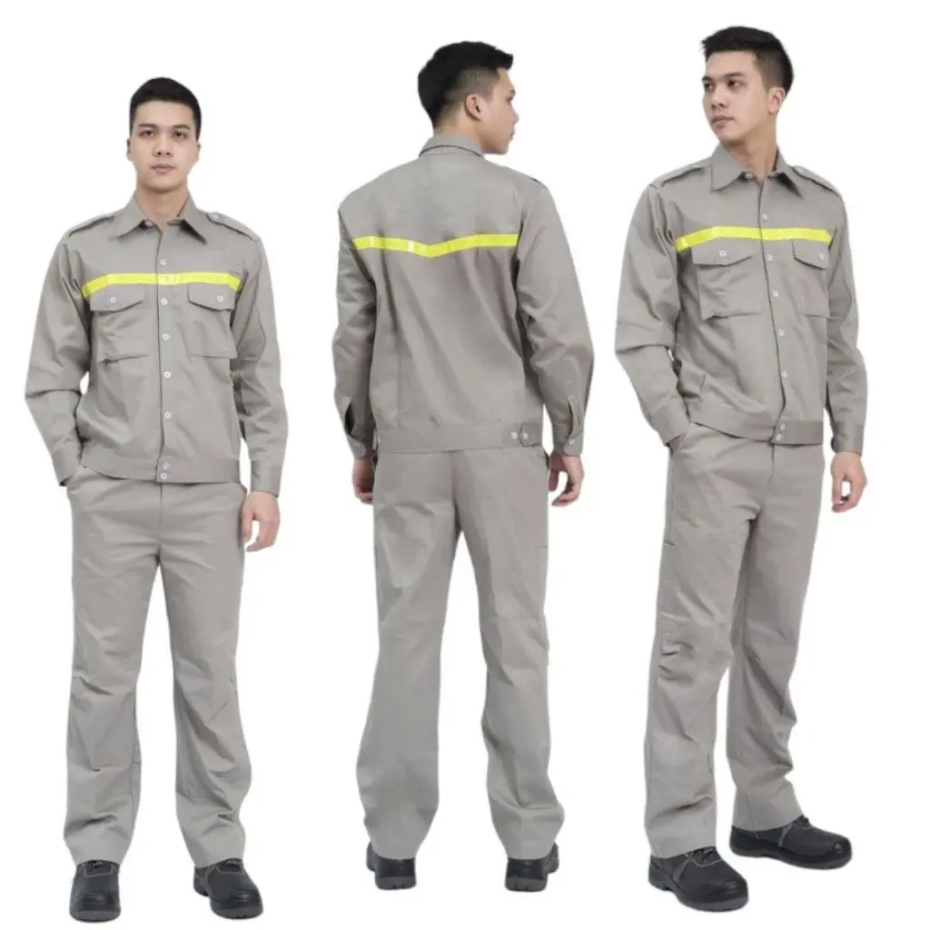 Bộ quần áo bảo hộ lao động màu ghi sáng may phản quang chất lượng cao . Size 45-85kg , giá gốc tận xưởng