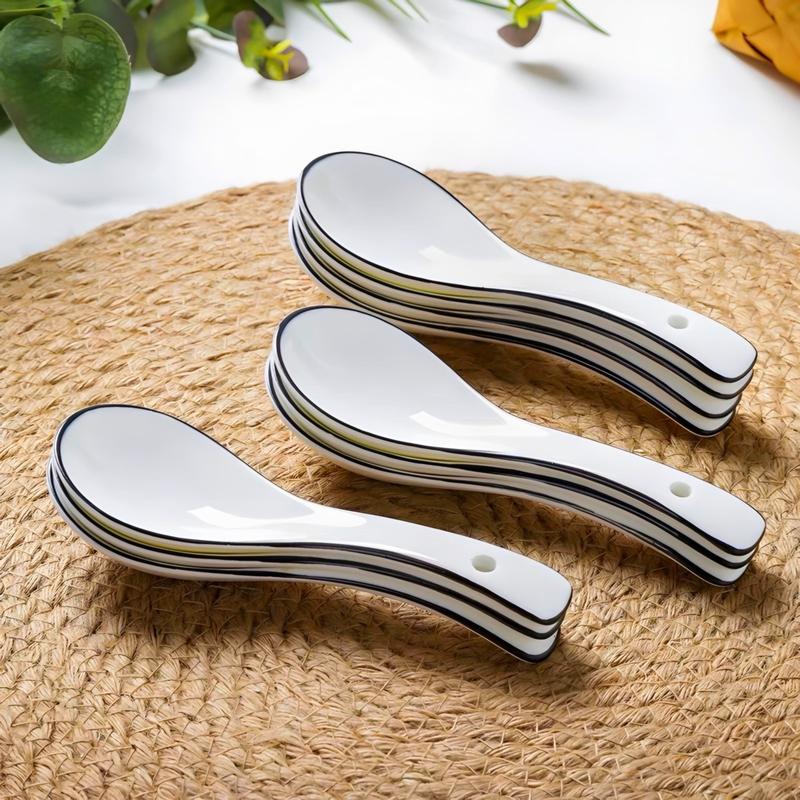  SET 10 MUỖNG trắng viền đen bằng gốm sứ. 10 muỗng sứ trắng ăm cơm. 