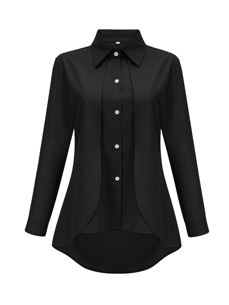 Product Introduction of Women's Plain Wrap High Low Hem Button Front Shirt, Casual Long Sleeve Collared Top for Fall & Winter, Women's Clothing for Daily Wear, Clothes for Women 7