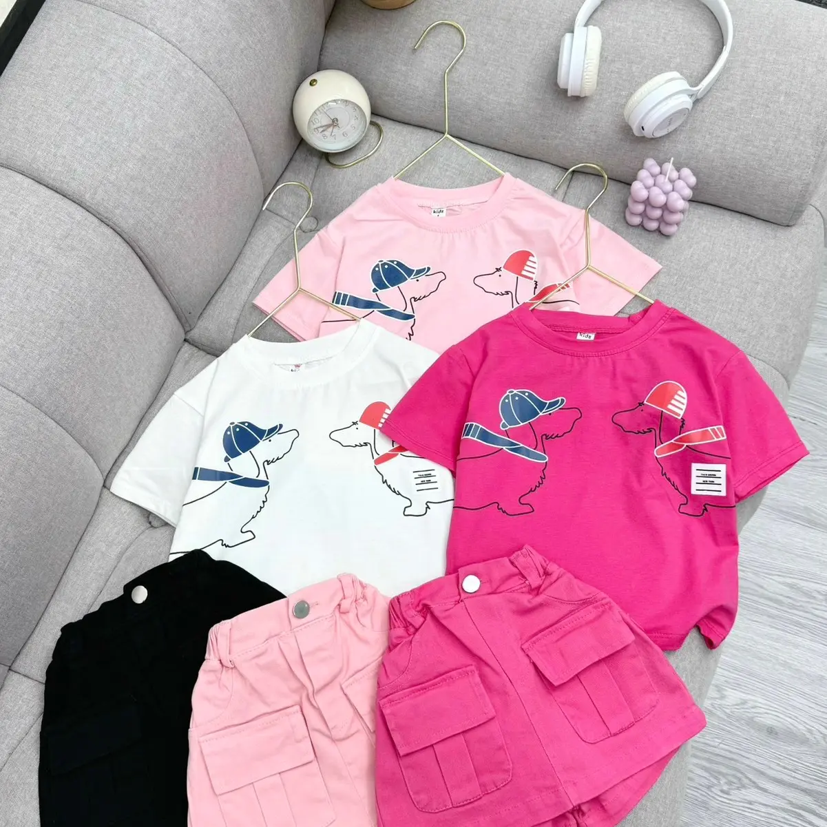 Set áo cotton chân váy thô mềm bé gái