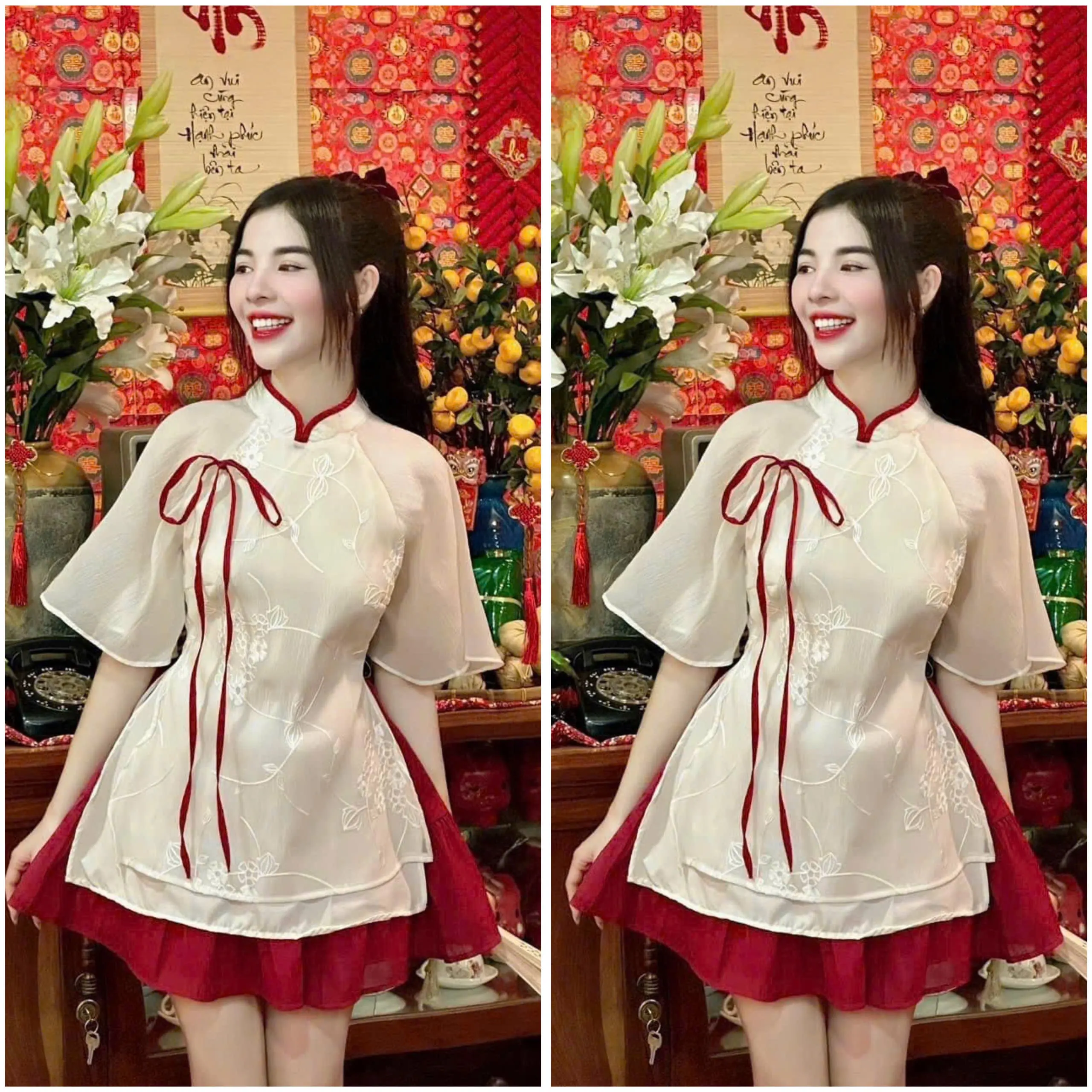 Sét bộ đồ nữ chất tơ áo cổ trụ viền đính nơ kèm chân váy ngắn xòe