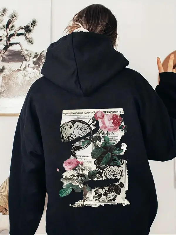 Women's Floral & Newspaper Print Drop Shoulder Hoodie, Fashion Casual Drawstring Pocket Hooded Sweatshirt for Daily Holiday Outdoor Wear, Women Clothes for Fall & Winter 5