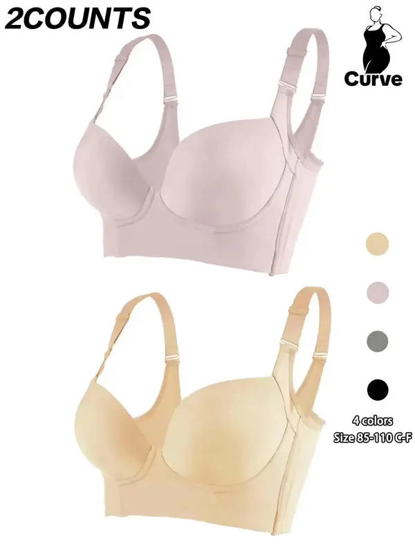 Plus Size Solid 2pcs Solid Adjustable Straps Underwire Push Up Bra, Casual Soft Comfortable Breathable Lingerie Top, Women's Plus Size Lingerie for All Seasons, Lady Underwear 0