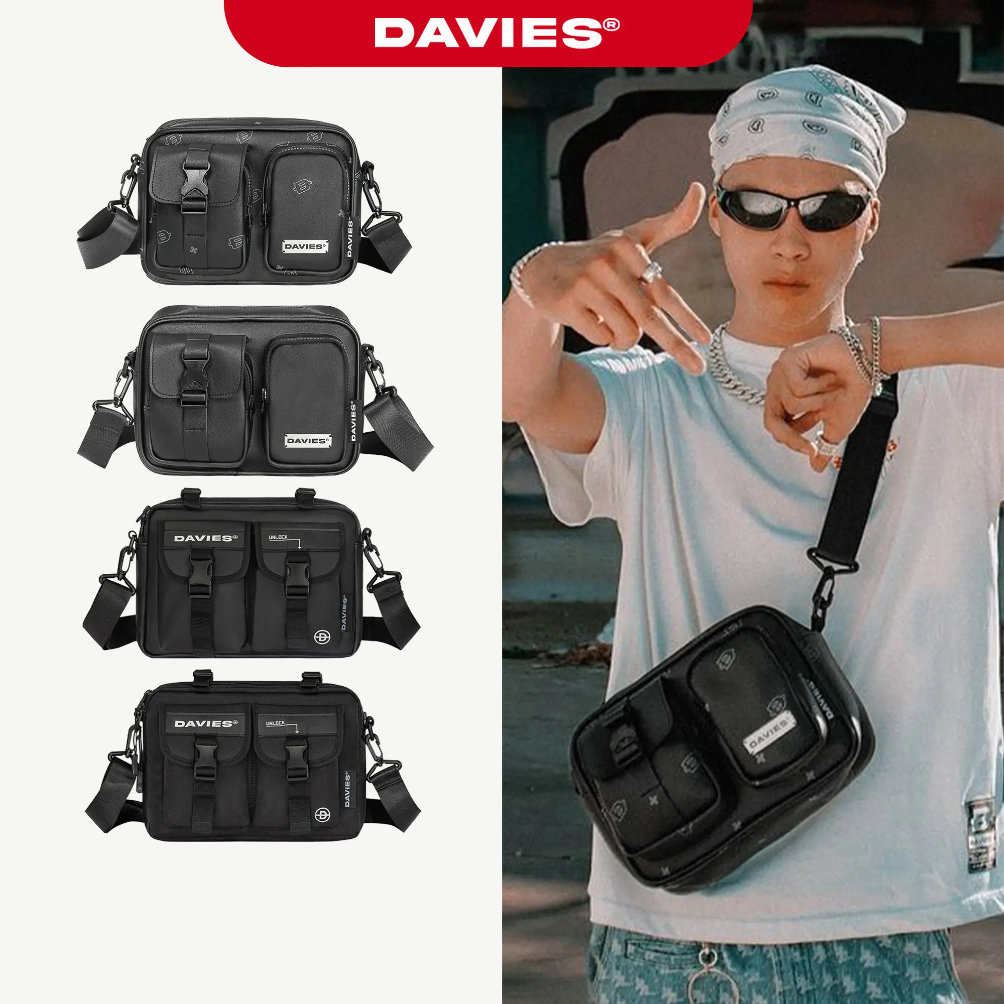 Túi đeo chéo nam nữ đựng vừa ipad DAVIES local brand vải canvas, da chống nước màu đen nhiều ngăn