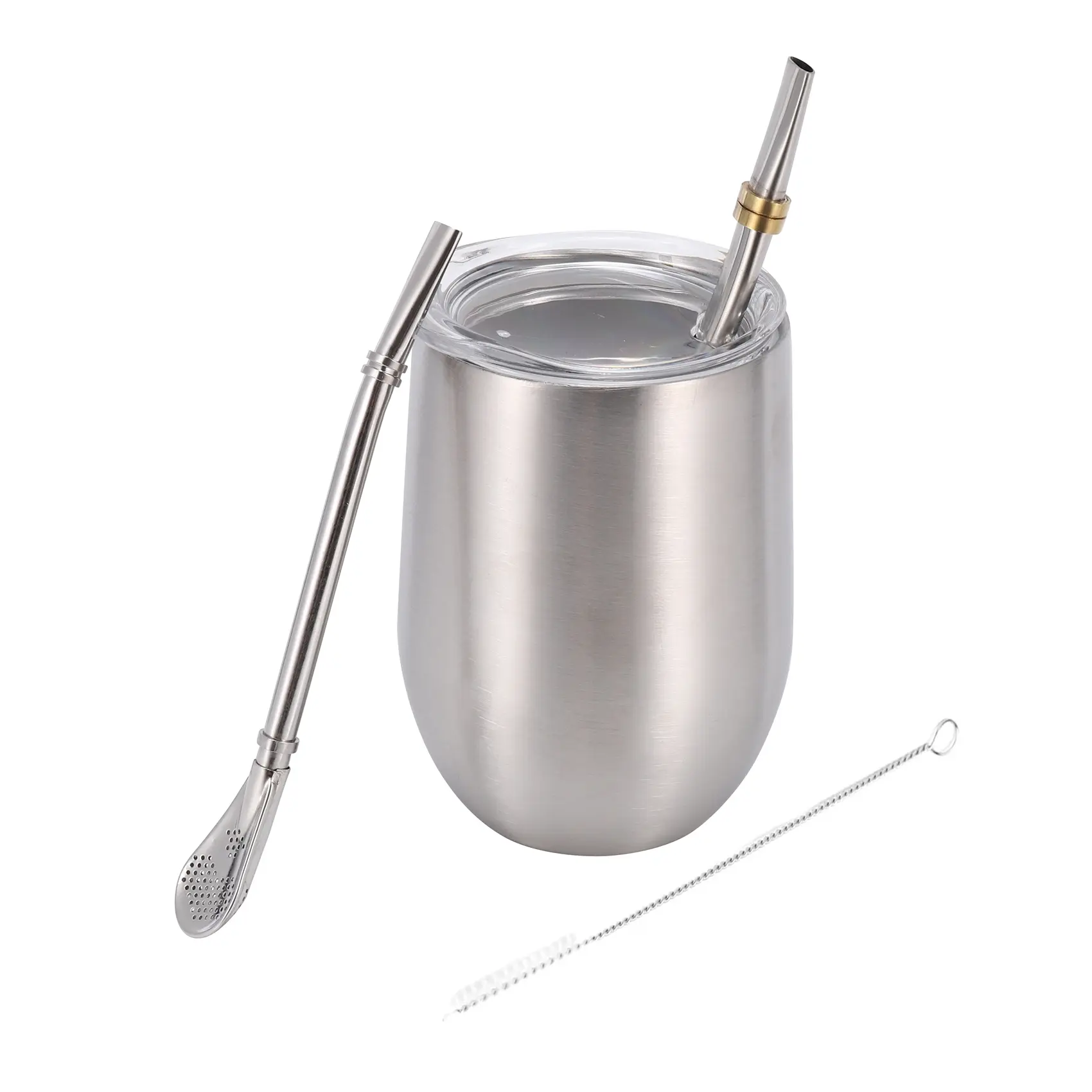 Bộ tách trà Yerba Mate 12Oz, cốc nước cà phê không gỉ hai lớp có nắp, 2 ống hút Bombillas, thìa và bàn chải,Màu bạc
