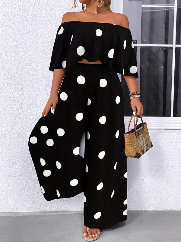 Plus Size All Over Polka Dot Print Off Shoulder Top & Wide Leg Pants Two-piece Set, Boho Fashion Casual Drop Shoulder Top & Palazzo Pants for Daily Holiday Vacation Wear, Women's Two-piece Outfits for Summer 2