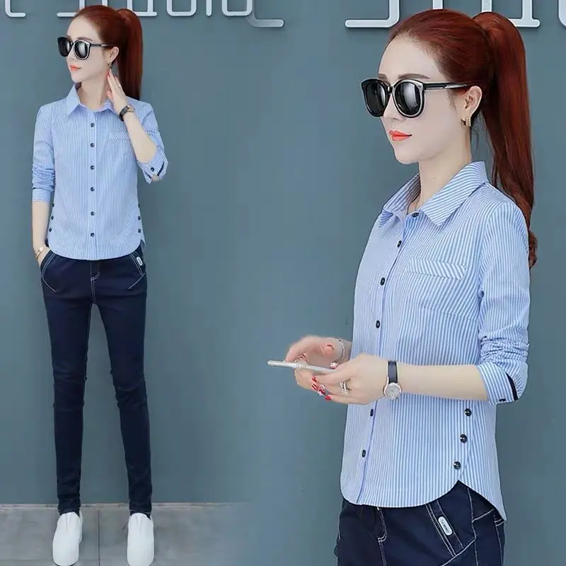 Áo Sơ Mi Sọc, Dáng Ôm, Dài Tay, Phong Cách Hàn Quốc Và Phương Tây, Dành Cho Nữ, Áo Sơ Mi Cơ Sở, Quần Áo Nữ, Hàng Mới Về Mùa Xuân Và Mùa Thu, 2024 1