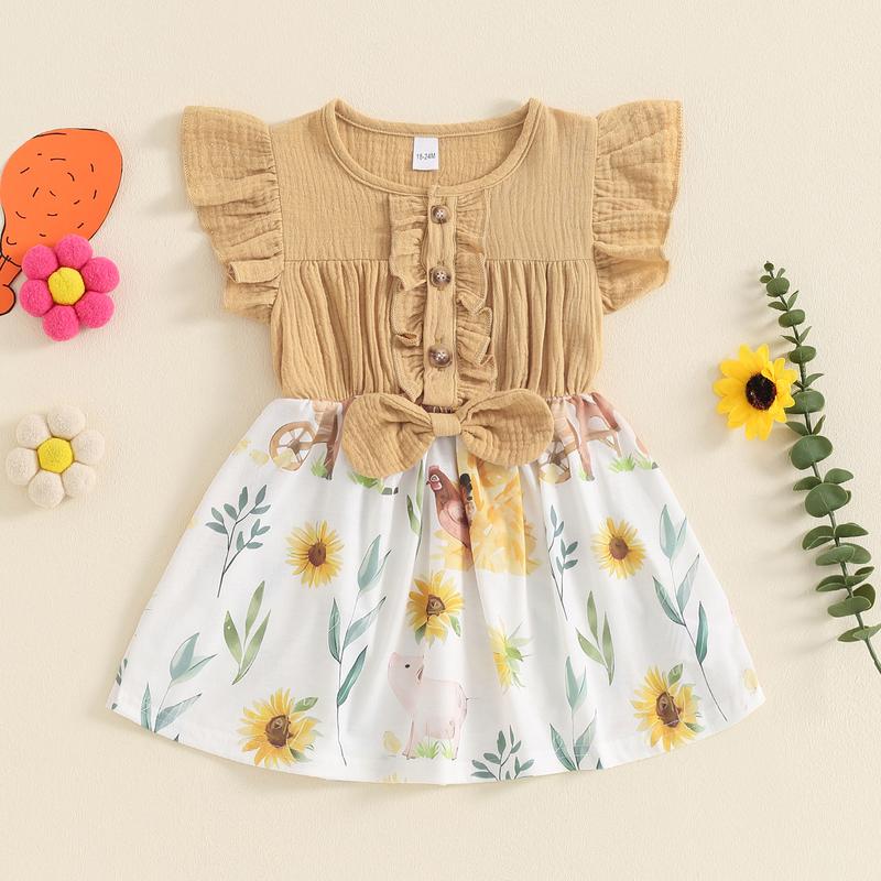 Product Introduction of Girls A-line Dress, Fly Sleeve Crew Neck Bow Chicken Print Casual Dress Summer Dress 40