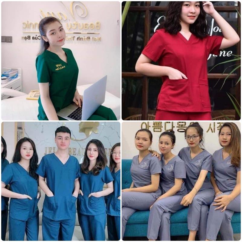  Bộ Scrubs cổ tim vải COTTON LẠNH đồng phục phòng khám,spa,phòng mổ quần áo y tế điều dưỡng bác sỹ nhiều màu 