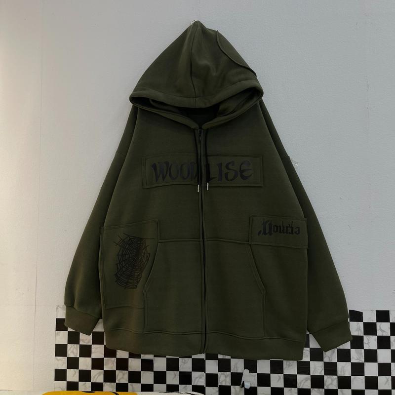 ÁO KHOÁC VÁ NỈ HÌNH NHỆN ĐEN Menswear Jacket Xanh Rêu Hoodie Cotton Unisex Zipper áo hoodie zip hoodie