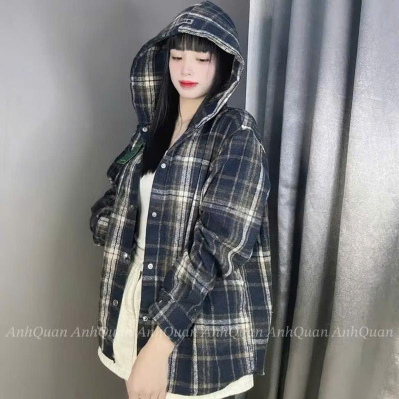 Áo Khoác Caro Nam Nữ Cài Nút Phối Nón Siêu Xinh - Thời Trang HOT Treen 2