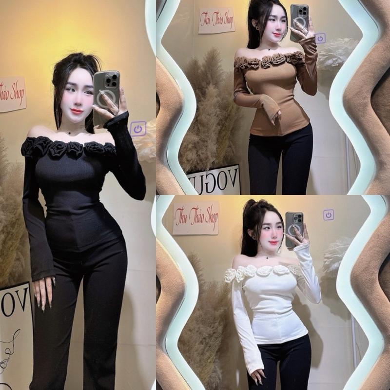 ÁO THUN GÂN TAY DÀI TRỄ VAI FOM DÁNG LỬNG CÓ MAY HOẠ TIẾT HOA HỒNG