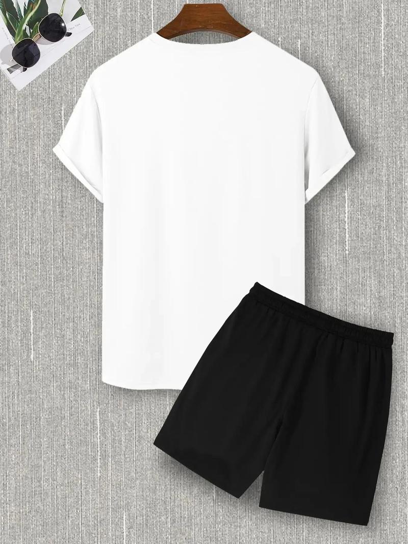 Product Introduction of Two-Piece Set Men's Letter Print Tee & Drawstring Pocket Shorts Set, Regular Fit Casual Short Sleeve T-Shirt & Shorts, Men Summer Outfits 2024 9