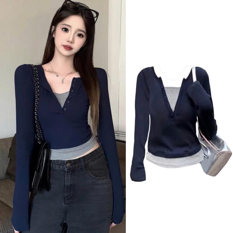 Áo kiểu nữ, áo thun dài tay giả hai lớp, áo brandy xanh than, ôm dáng, áo coquette, áo thun yếm mùa thu đông len mỏng