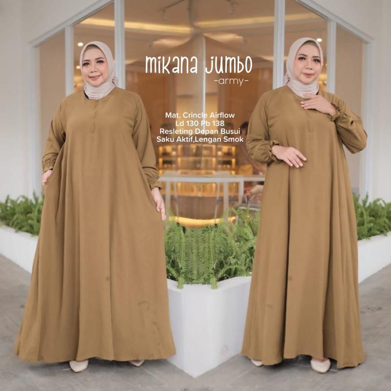 Product Introduction of Gamis Mikana Jumbo Bahan Crinkle Airflow LD 130 PB 140 Busui Saku Aktif Lengan Smok Muat Bb 100 Kg Lembut Dingin 0