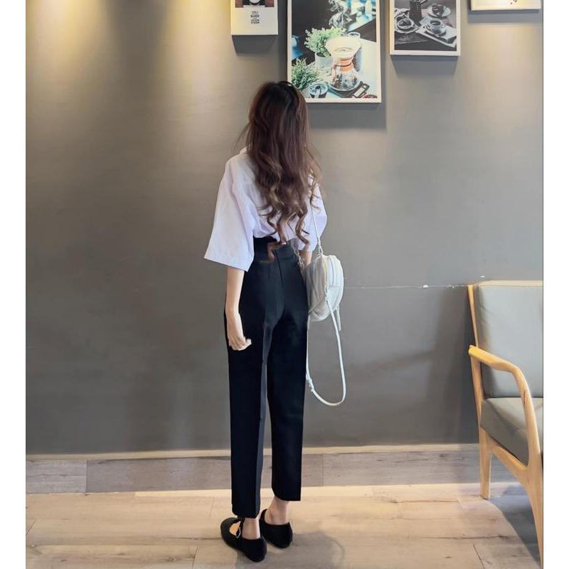 Quần Tây Nữ Lưng Cao Ống Đứng Dáng Dài Có Đai Co Dãn Nhẹ 1 Khuy Chất Vải Mềm Đen Quần Vải Baggy Nữ Cạp Cao Đi Học Sinh Đi Học Ong Pants Women Kem 2