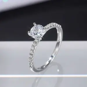 Cincin Sederhana Berlapis Perak S925 dengan Berlian Imitasi untuk Cincin Pertunangan dan Pernikahan