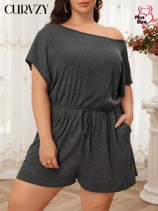 CURVZY Plus Size Plain One Shoulder Drawstring Waist Romper, Casual Batwing Sleeve Pocket Design Romper for Daily Wear, Women's Plus Clothing for Summer