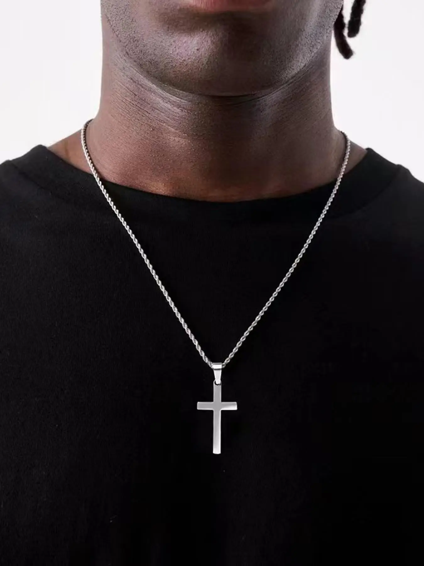 Minimalist Cross Pendant Necklace for Men,  Stainless Steel Twist Chain Necklace Jewelry, Casual Classic Fashion Accessories for Daily Wear