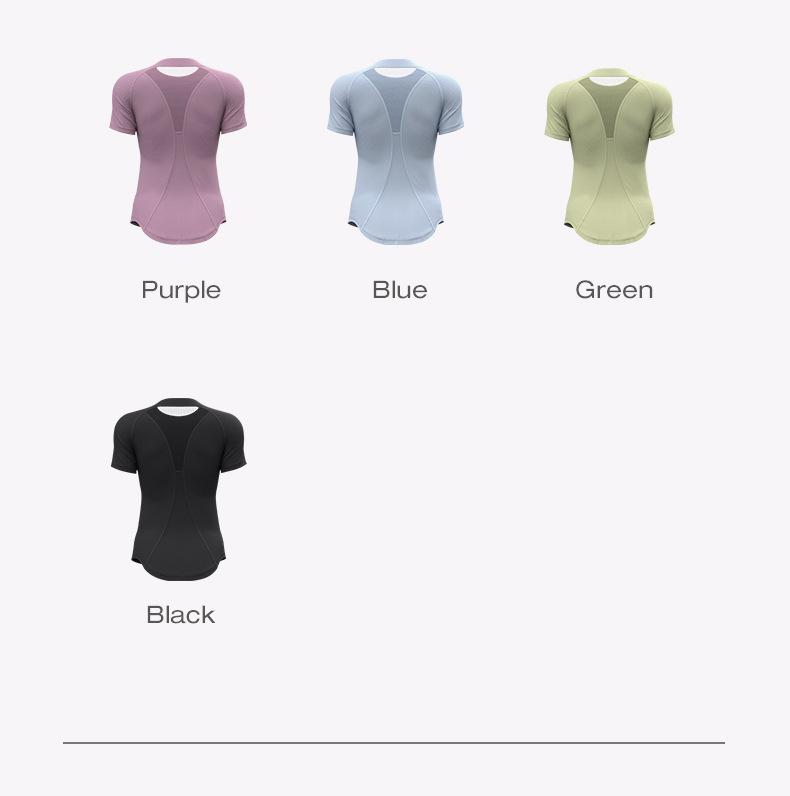 Product Introduction of Lulu's same mesh yoga short sleeved sports and fitness suit, chest shaping and breathable sports T-shirt for women 2