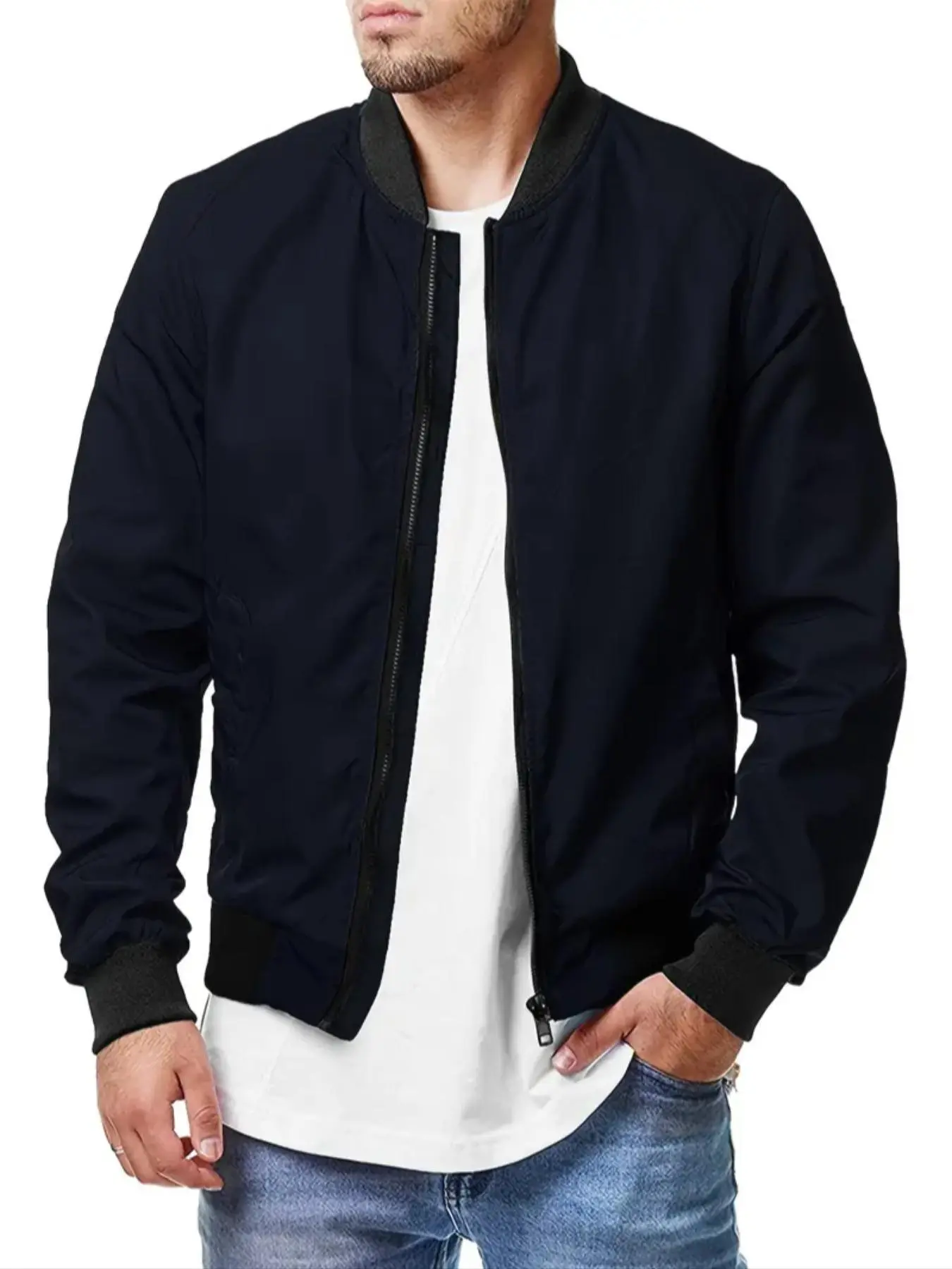 Men's Solid Color Zip Up Bomber Jacket, Loose Casual Comfy Long Sleeve Baseball Collar Outerwear for Fall & Winter, Men's Clothes for Daily Wear