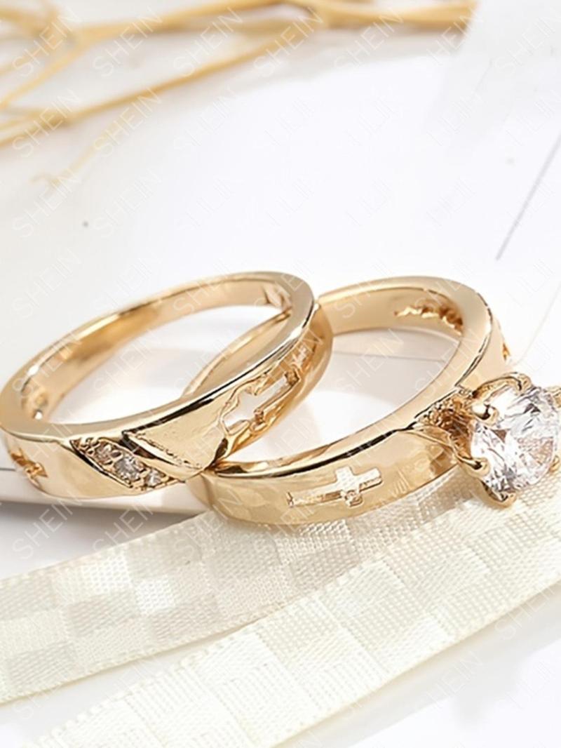 Product Introduction of Luxury Elegant Rhinestone Inlaid Promise Couples Ring, Fashion Cross Decor Accessories for Wedding Party, Engagement Jewelry Accessories for Women & Men, without Box, Valentine's Day, Gift 1