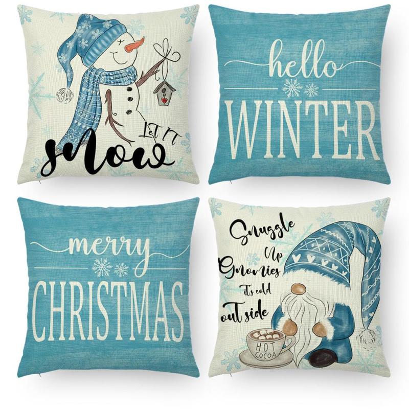 Product Introduction of Christmas Themed Cushion Cover, 4 Counts/set Snowflake & Santa Claus Pattern Cushion Cover without Filler, Household Decoration Supplies for Living Room Bedroom Sofa Bed 0