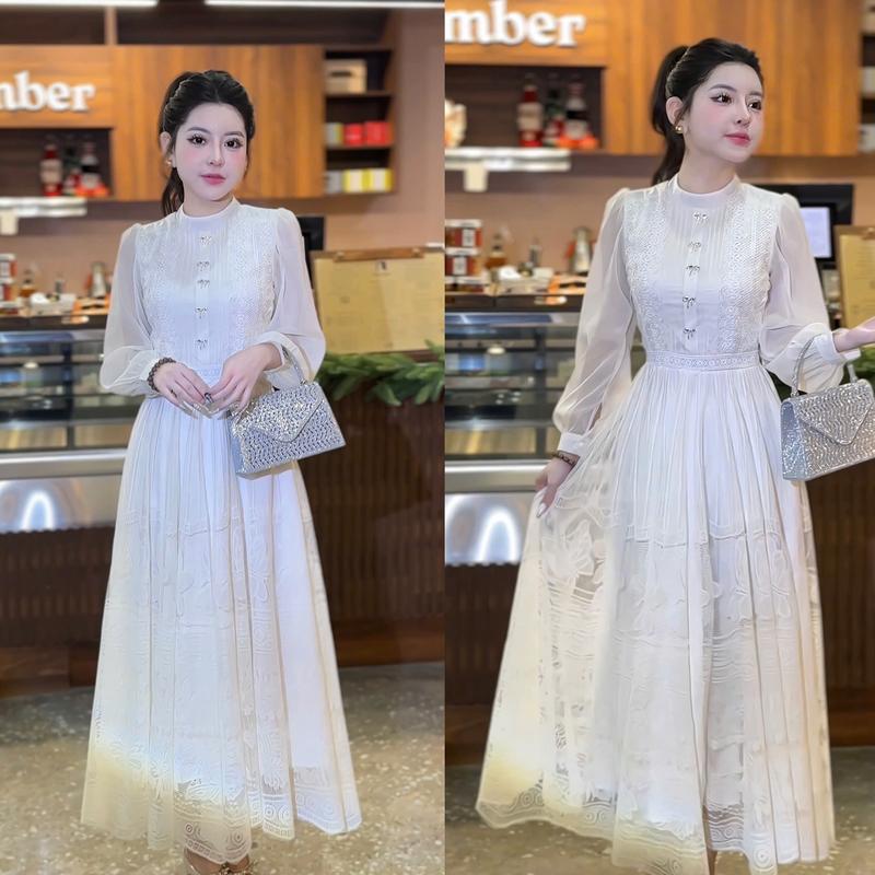 Váy liền dài xoè D15 tiểu thư pha ren - Thư Váy