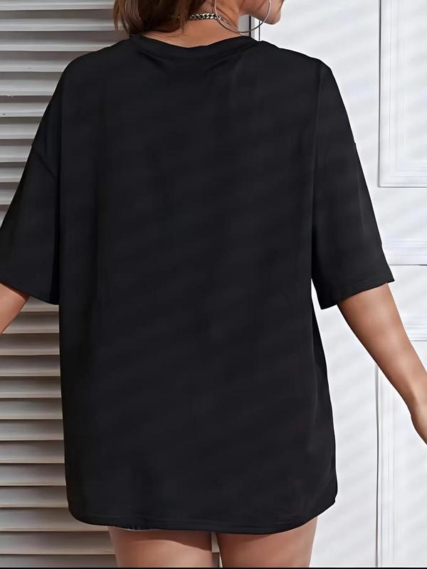 Women's Heart Print Round Neck Graphic Tee, Trendy Casual Drop Shoulder Half Sleeve T-shirt for Summer Daily Wear, Ladies All Seasons Outfit, Summer Clothes Valentine's Day, gift 1