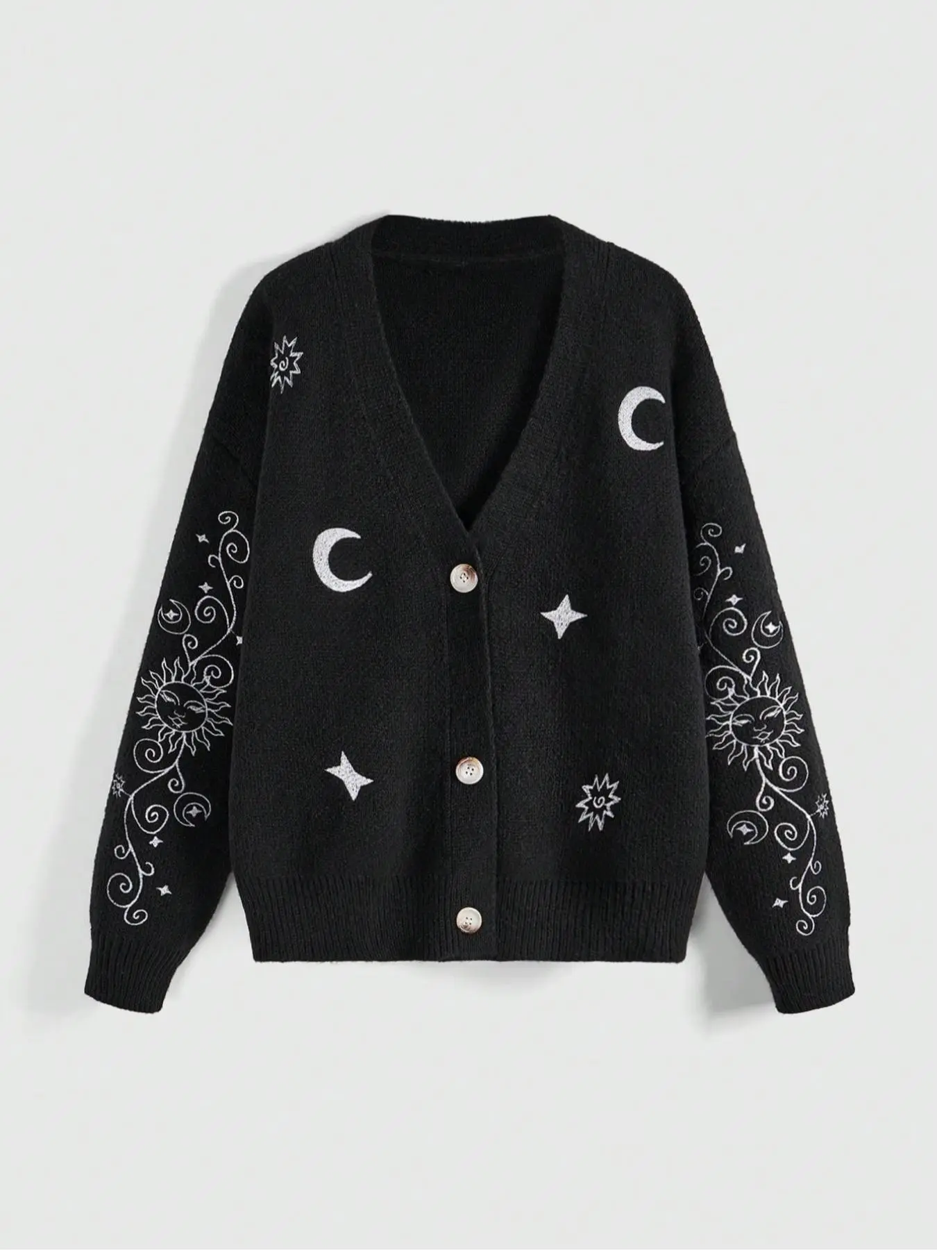 Women's Sun & Moon Embroidery Button Front V Neck Cardigan, Casual Drop Shoulder Long Sleeve Cardigan, Women Knitwear for Fall & Winter