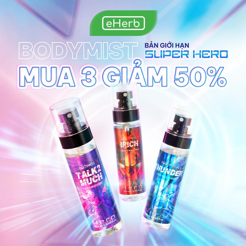 [HERO MUA 2 GIẢM 30% - MUA 3 GIẢM 50%] Xịt Thơm Body Mist Nam Nữ EHERB - Nước Hoa Việt Nam - Body Mist Chú Cá BODYMISS Perfume Cosmetic Women Fragrance Mỹ Phẩm - Xịt Thơm Tóc Cho Nam Siêu Lâu - Hair Mist Xịt Tóc Nam Chính Hãng 105ml (Chai)