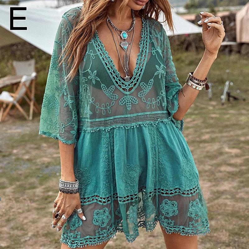 Product Introduction of Women's New V-neck Lace Embroidery Sun Protection Clothing Sexy Bikini Swimsuit Beach Cover 34