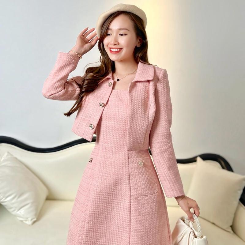 Lita Set dạ hồng cổ sen áo khoác kèm váy yếm dây thanh lịch sang trọng đi làm đi tiệc B083 Tay dài Top Nữ Women Kem Voi 3