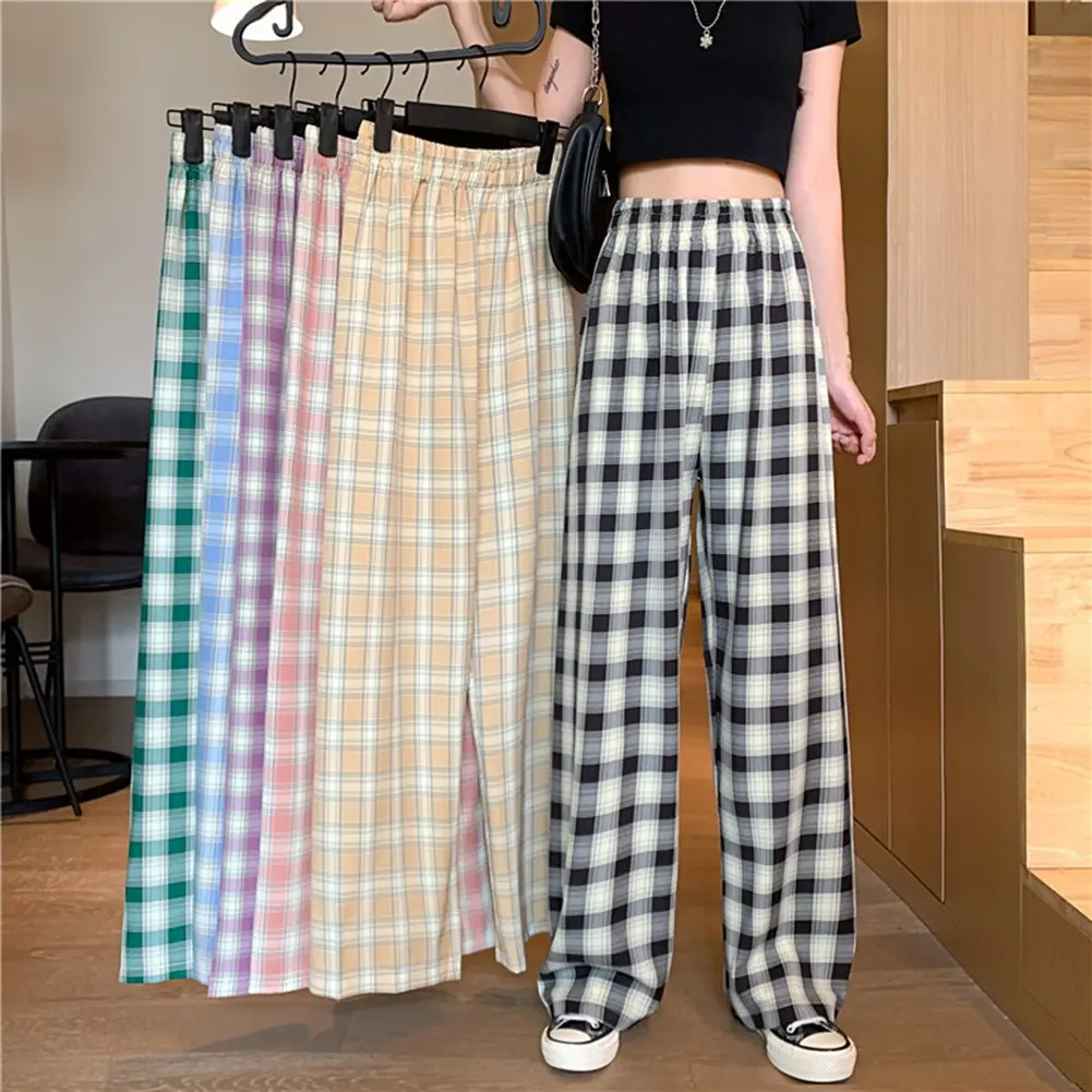 Quần Dài Ngoại Cỡ Phong Cách Harajuku, Nữ, Phong Cách Hàn Quốc, Cạp Cao, Kẻ Ca Rô, Ống Rộng Women Pants