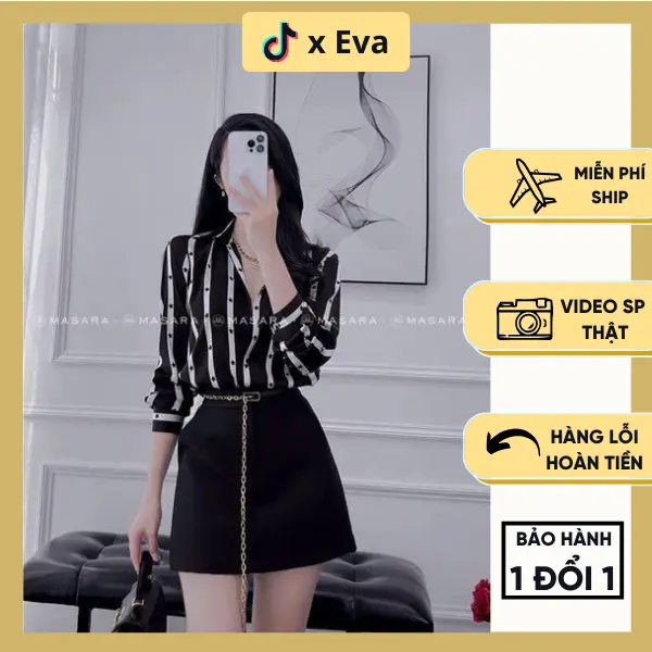 Áo sơ mi nữ lụa dài tay họa tiết sọc kẻ đen trắng phối ngôi sao nhỏ