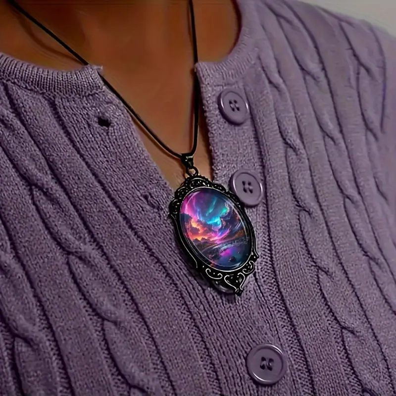 1 Fashion Elegant Color Aurora Landscape Pattern Black Frame Glass Necklace Romantic Gift Jewelry seaglass  jewelry floral  bracelet spiral  bridge  jewellery drop  necklaces amber berkeley  weaver grey's  anatomy  proposal crystal  healing bead large lv 5