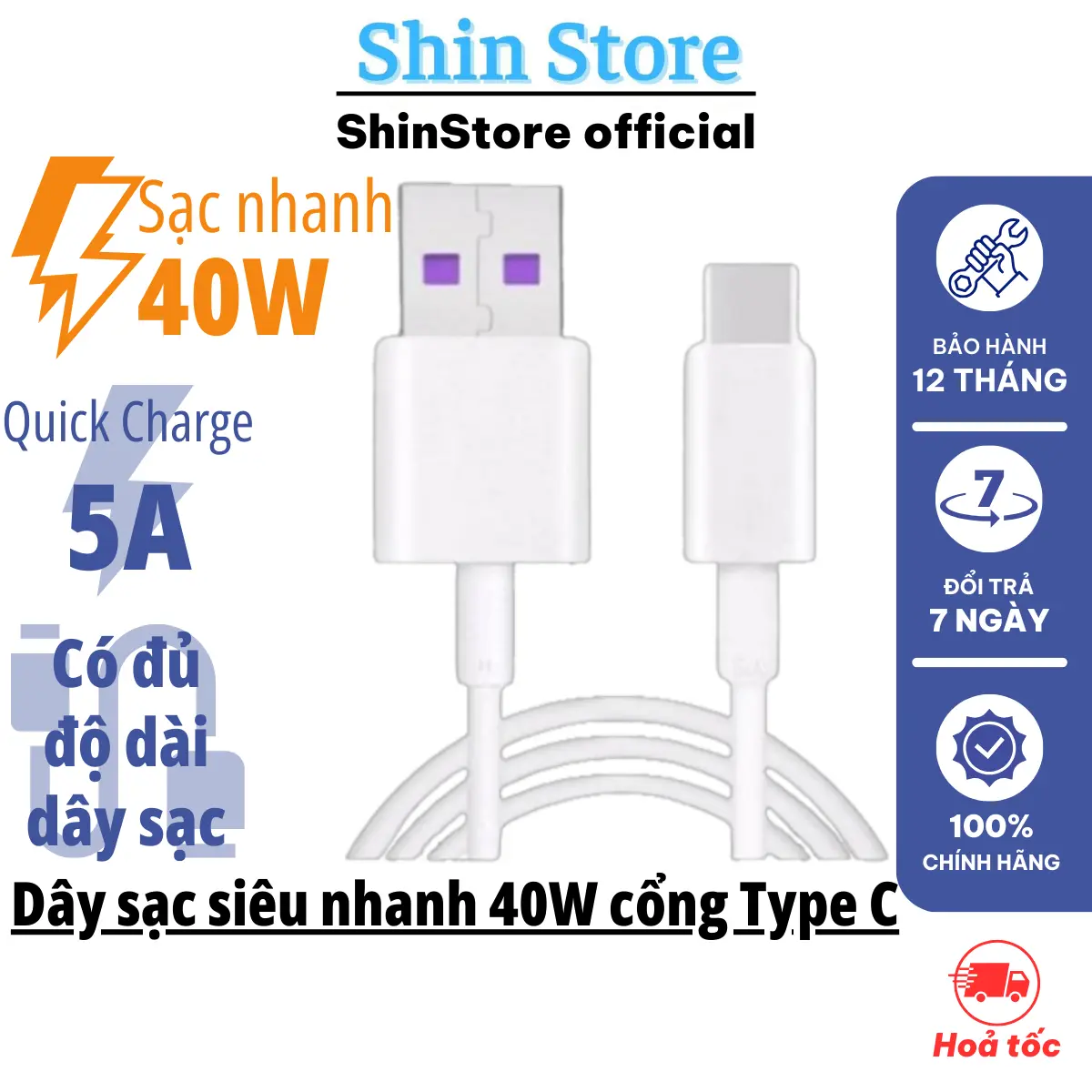 Dây cáp sạc nhanh 40W 5A Type C 0.25m/1m/1,5m/2m siêu bền cho Xiaomi/Samsung/Huawei/Vivo/Oppo