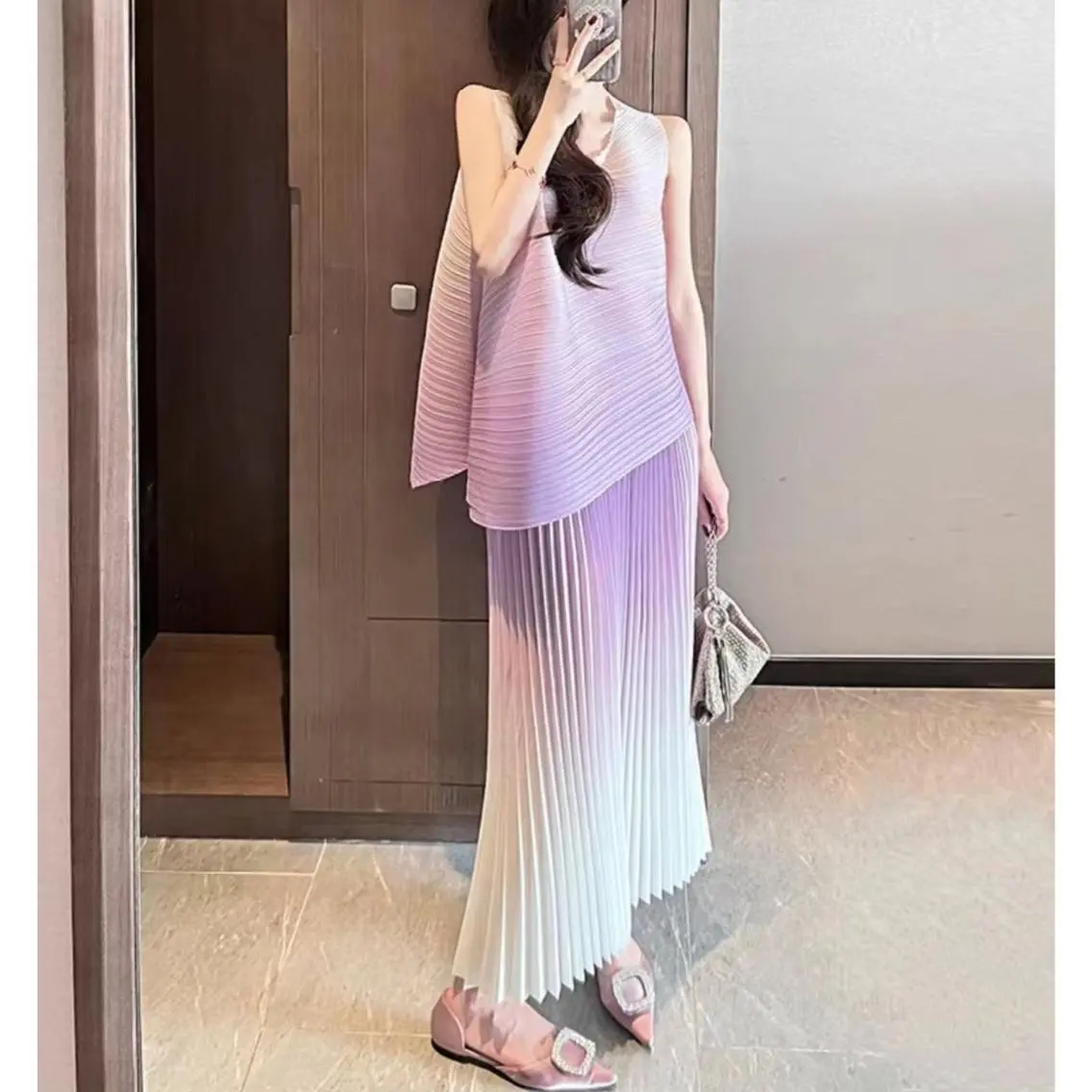 NOVA VOGUE※pleated suit※Pink/Purple Miyake Life suit, summer new temperament casual net red dress two-piece set