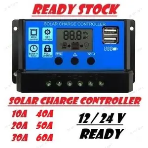 Solar Charge Controller 10A 20A 30A 40A 50A 60A Cell PWM Pengisi Daya Surya 12V 24V Charger Usb Aki Hp Kabel Power