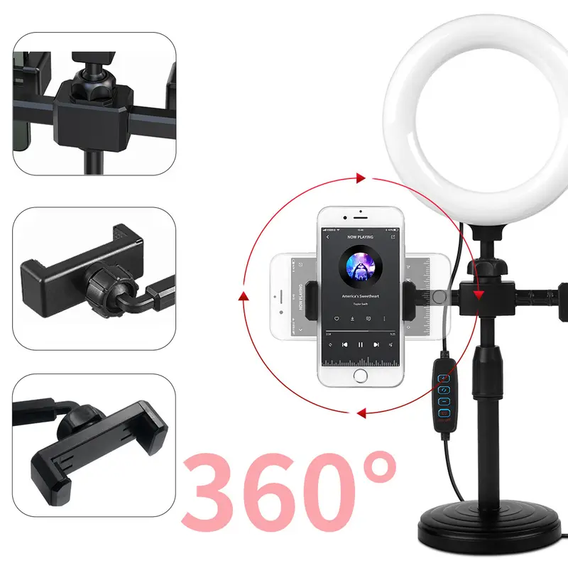 Ring light 16cm+Tripod +2 Holder HP Ring light Tripod Mini Stand HP Live stream Selfie Make Up Vlog Lampu 2
