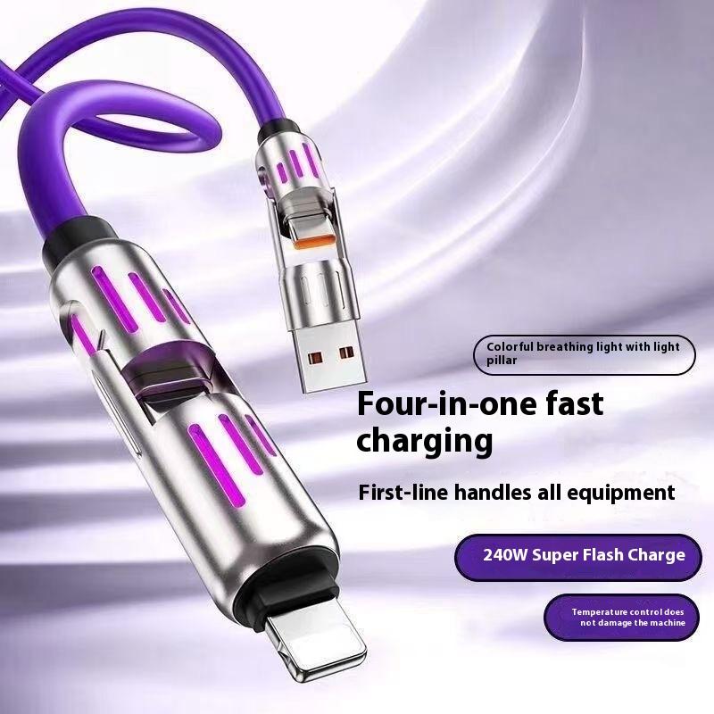 Sạc Nhanh 240W Chùm Đèn Thở Đầy Màu Sắc Cáp Dữ Liệu Bốn Trong Một Cáp Sạc Nhanh Điện Thoại Di Động Lò Dây Xích