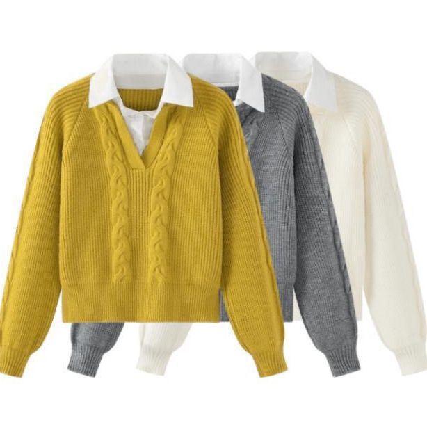 Áo Len Giả Hai Mảnh, Quần Áo Nữ Mùa Thu Và Mùa Đông, Phong Cách Nhật Bản, Thoải Mái, Cổ Điển Thiết Kế Đẹp, Cổ Polo Độc Đáo Áo Len Dệt Kim Dây Cáp