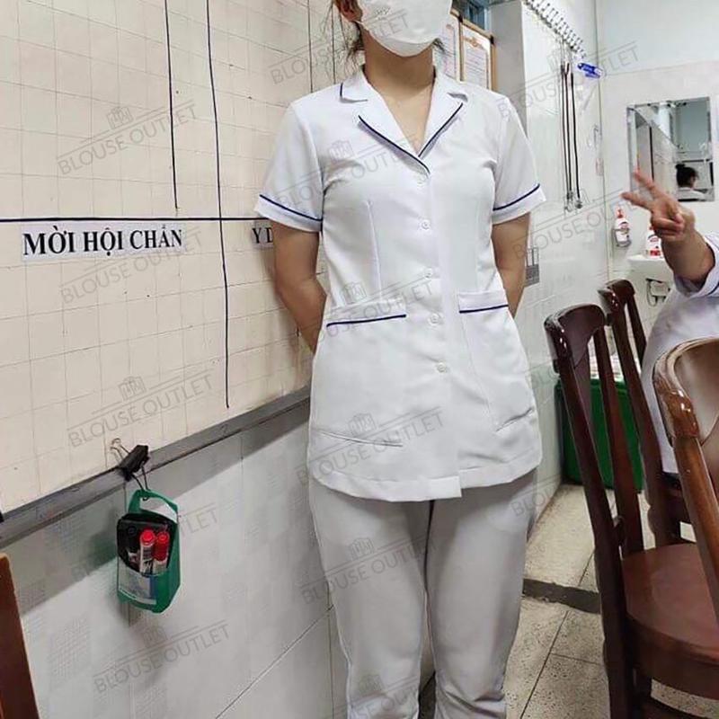 Bộ quần áo blouse trắng có viền xanh Cotton Cao Cấp cho y tá điều dưỡng, đồng phục dược sỹ, thẩm mỹ viện, phòng khám 3