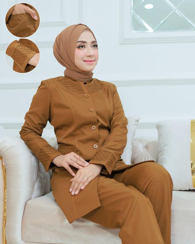 Seragam Kerja Tunik Stik Kotak Blazer Khaki Tua Setelan Rok Span/Rok.A/Celana Panjang/Atasan Saja Katun Free Hijab Putih Wanita 2