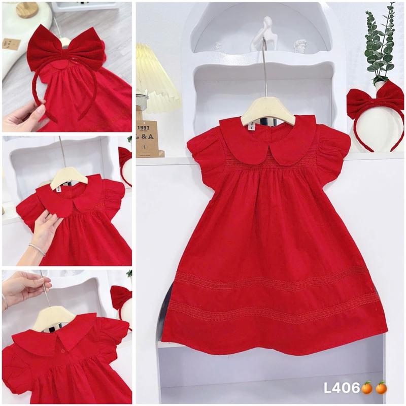 Váy thiết kế dáng suông A cổ sen màu đỏ đô chất liệu thô mềm cho bé gái từ 8-35kg T21 dam xinh